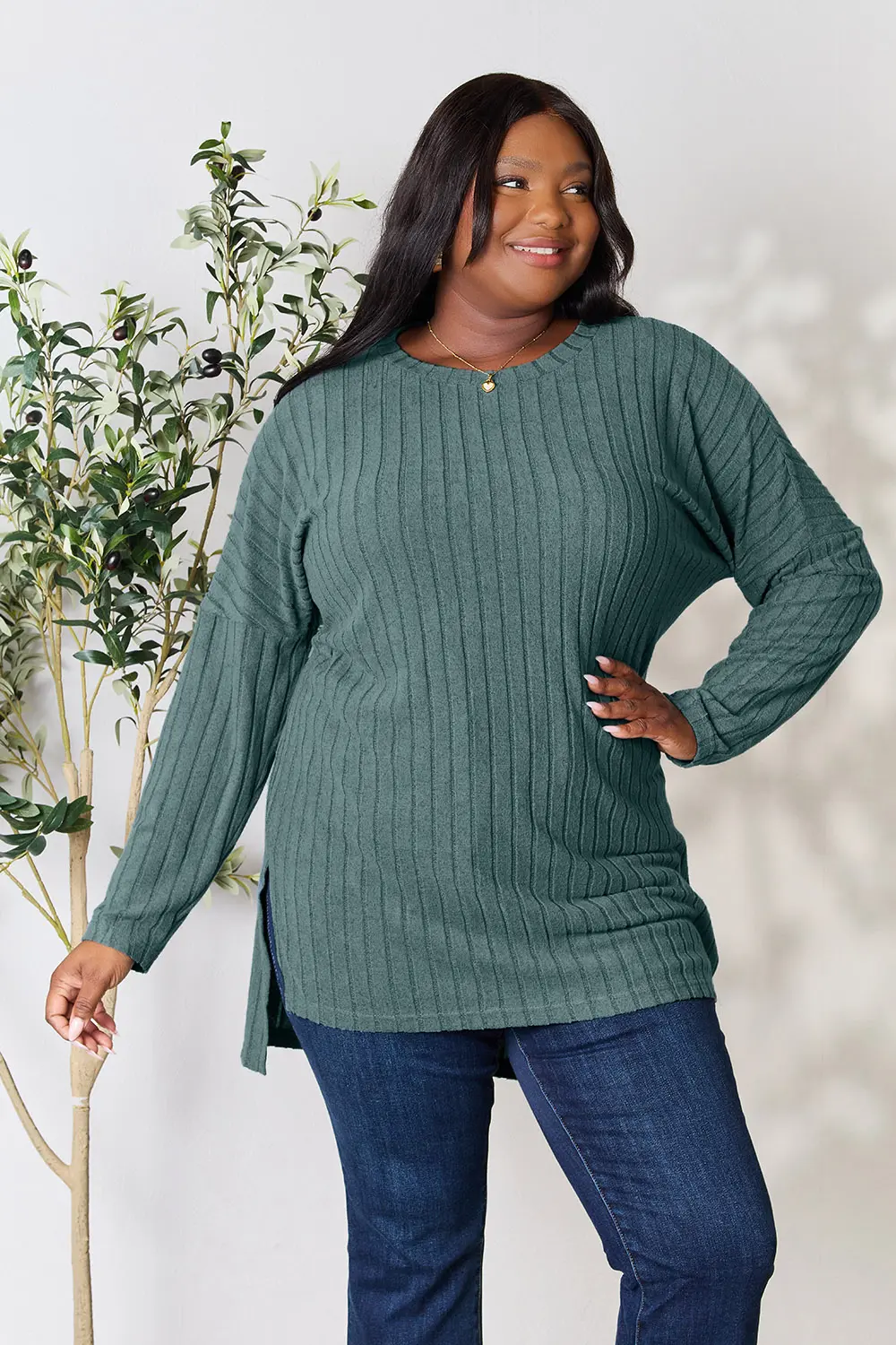 Full Size Ribbed Round Neck Long Sleeve Slit Top, image 20