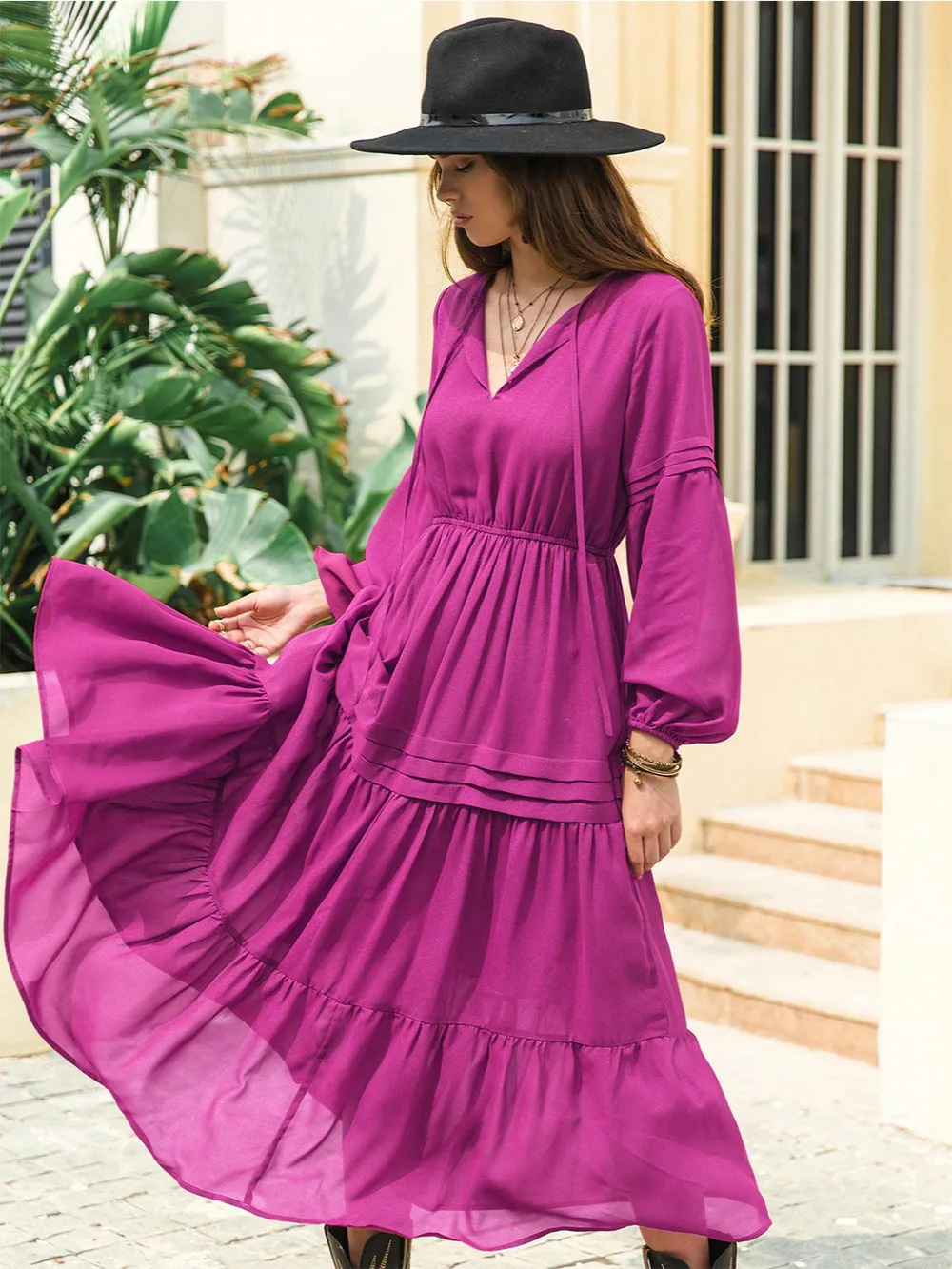 Tie Neck Long Sleeve Midi Tiered Dress, image 13