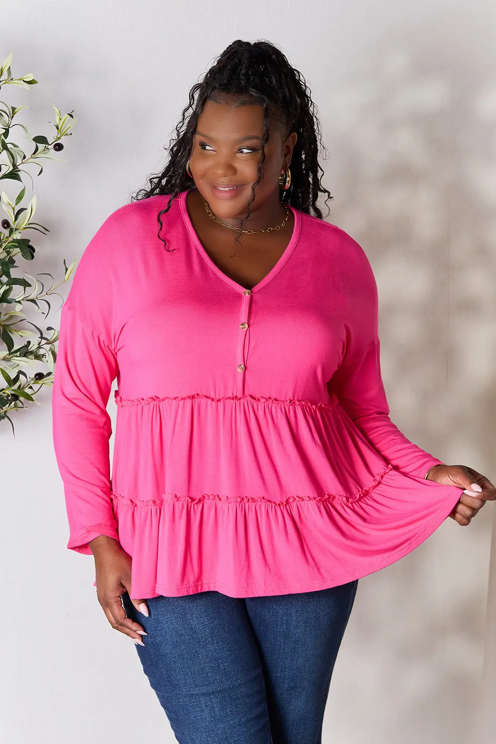 Half Button Long Sleeve Ruffle Hem Blouse, image 13