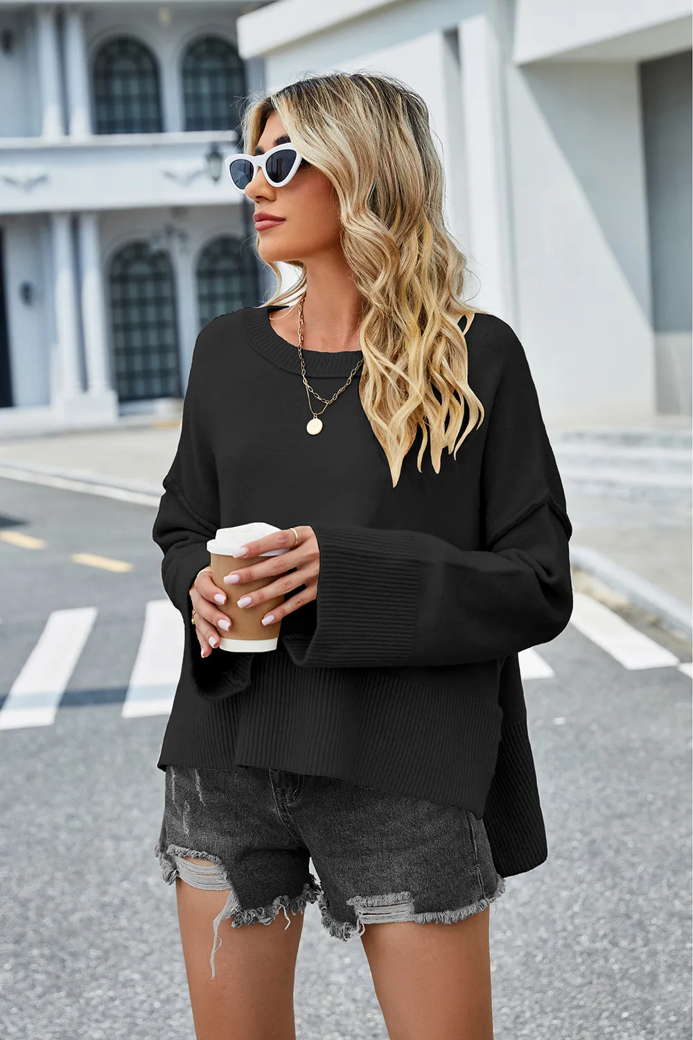 High-Low Slit Round Neck Long Sleeve Sweater, image 28