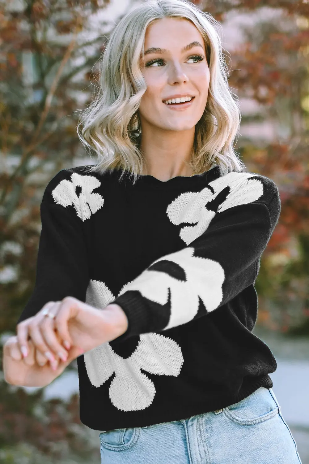 Round Neck Floral Pattern Color Contrast Design Long Sleeve Sweater, image 4