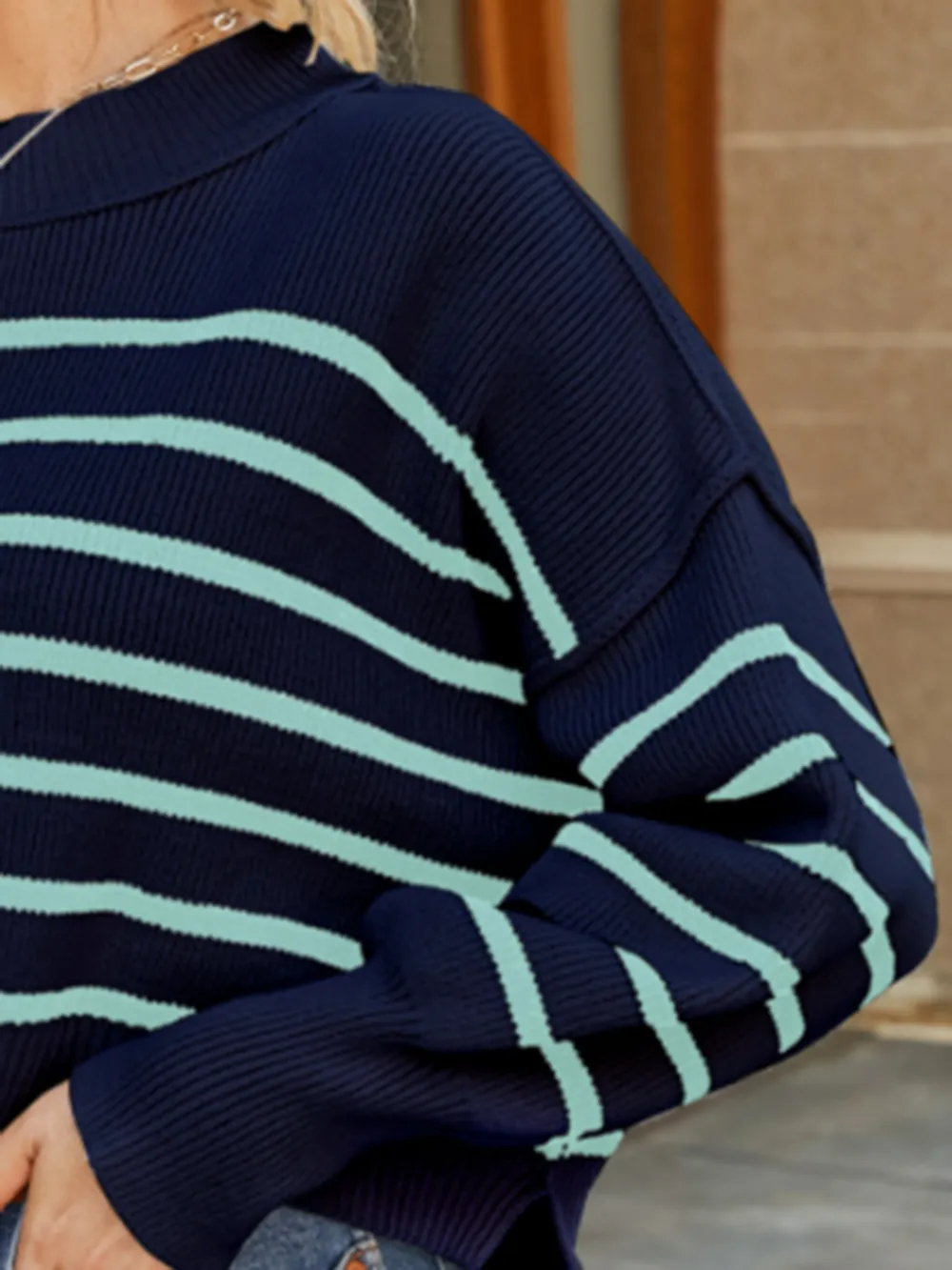 Round Neck Striped Lantern Sleeve Sweater, image 13