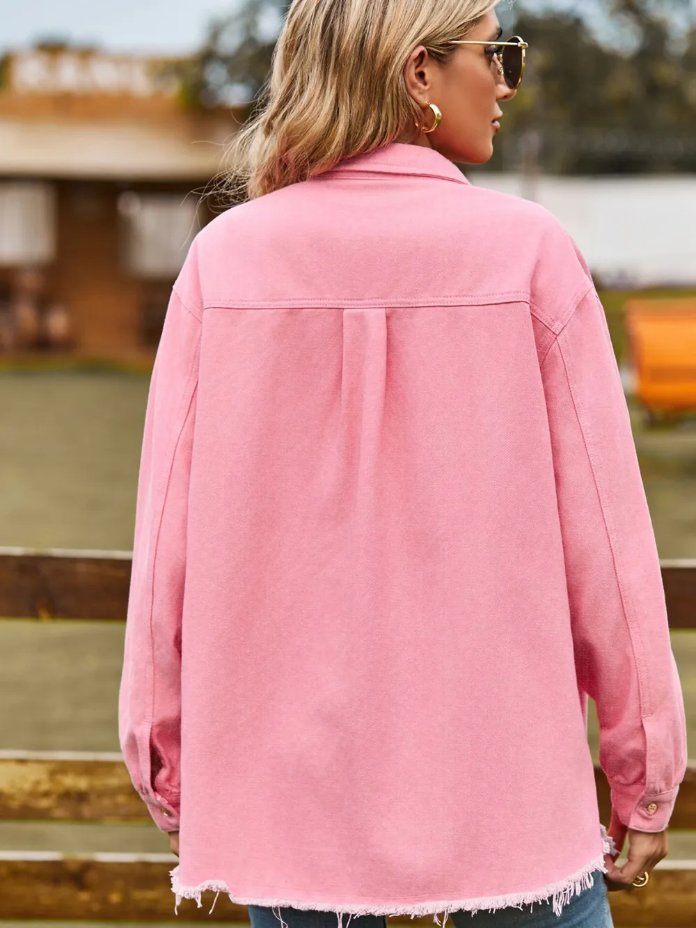 Button Up Collared Neck Raw Hem Denim Top, image 11