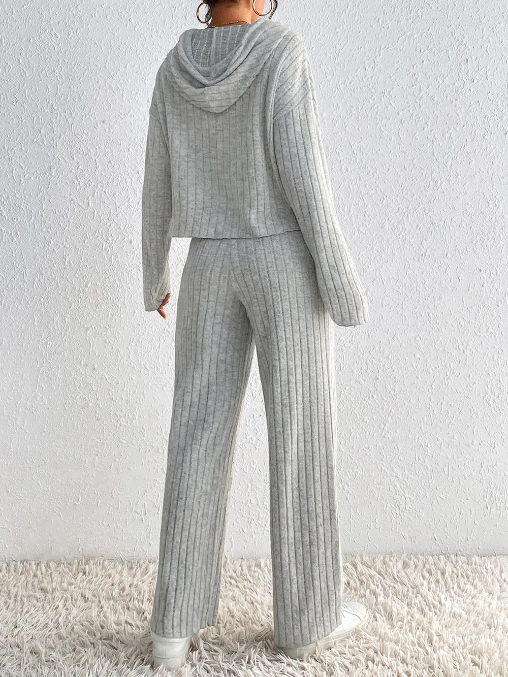 Drawstring Ribbed Hoodie and Straight Leg Pants Set, image 6