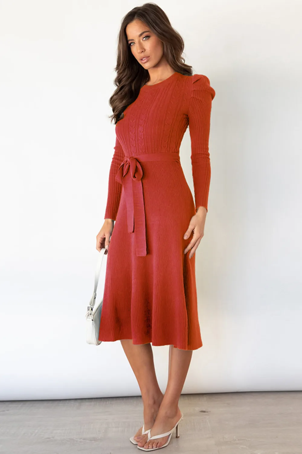 Round Neck Long Sleeve Tie Waist Sweater Dress, image 3