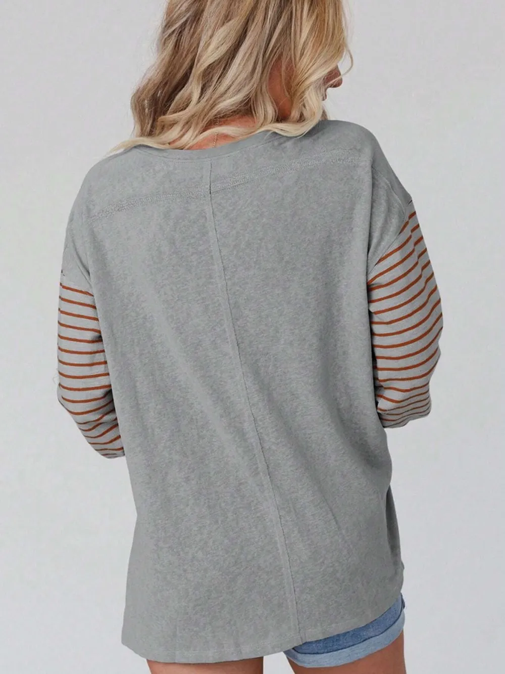 Round Neck Striped Long Sleeve Slit T-Shirt, image 9