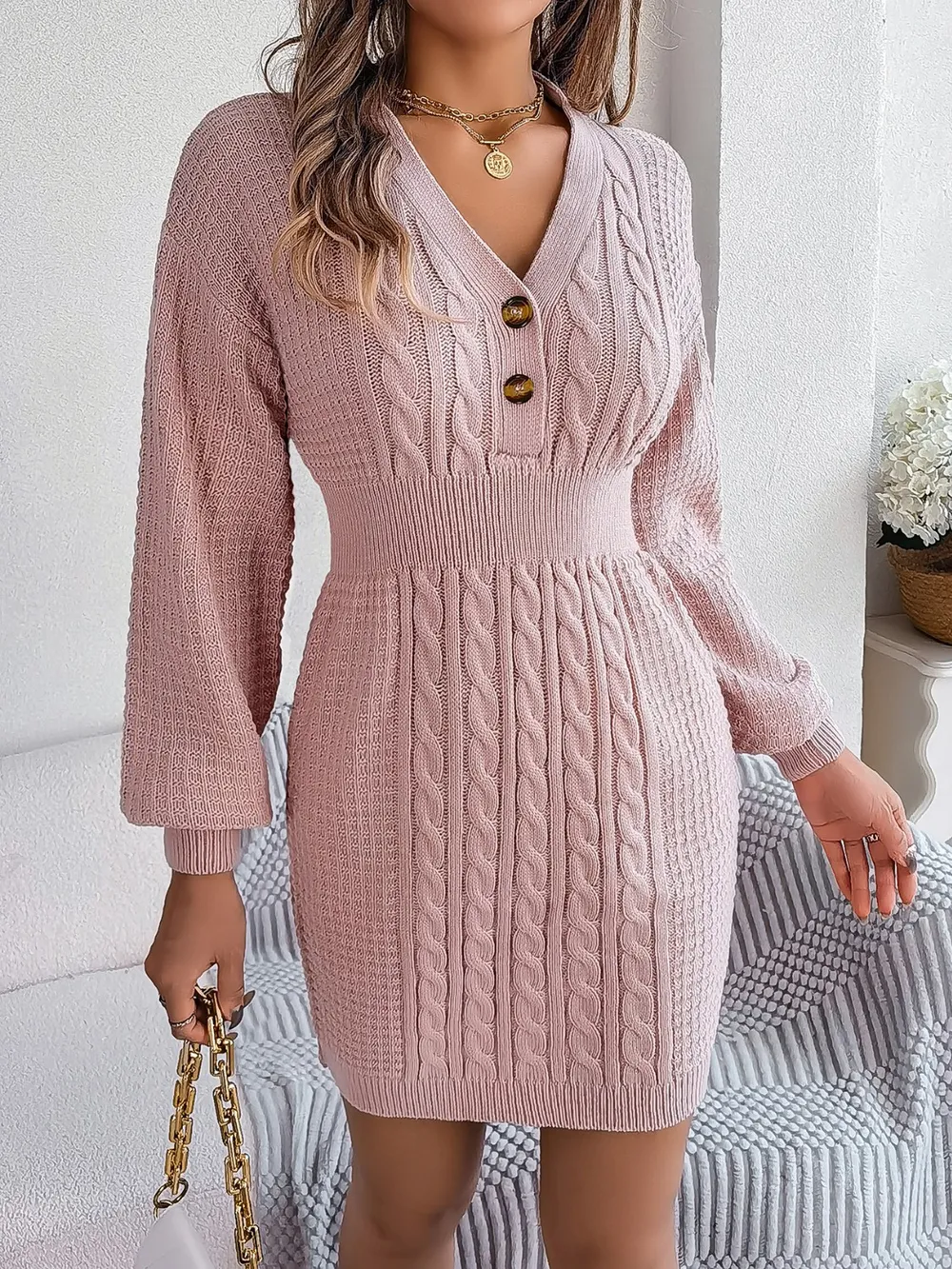 Buttoned Cable-Knit V-Neck Sweater Dress, image 10