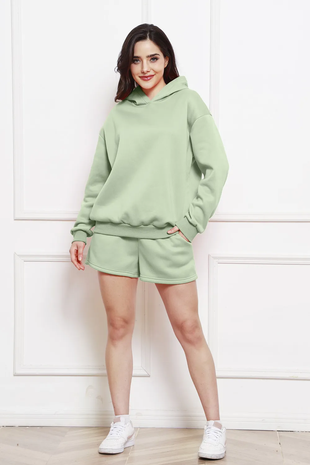 Drop Shoulder Long Sleeve Hoodie and Shorts Set, image 13