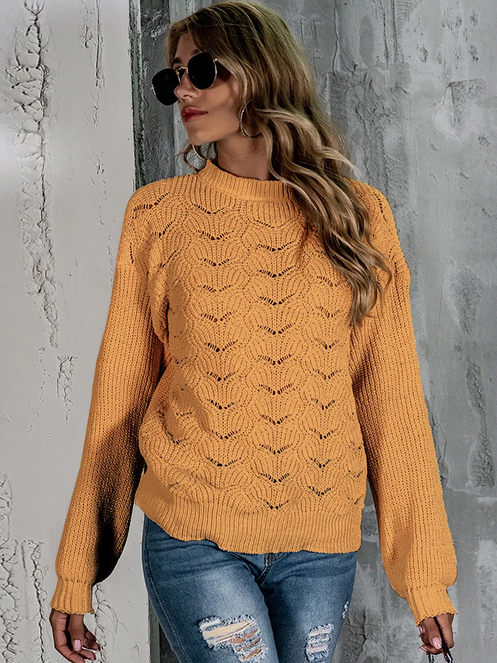 Openwork Mock Neck Long Sleeve Sweater, image 6
