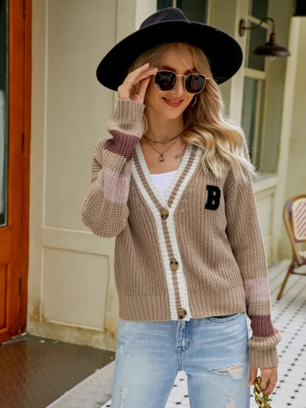 Contrast Button Up Dropped Shoulder Cardigan, image 5