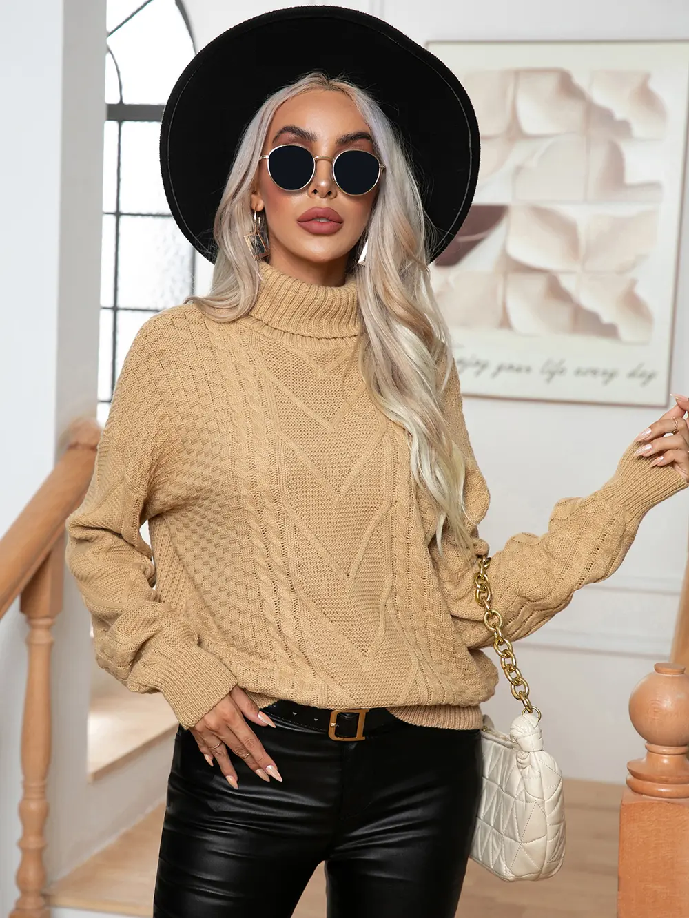 Turtleneck Cable-Knit Long Sleeve Sweater, image 7