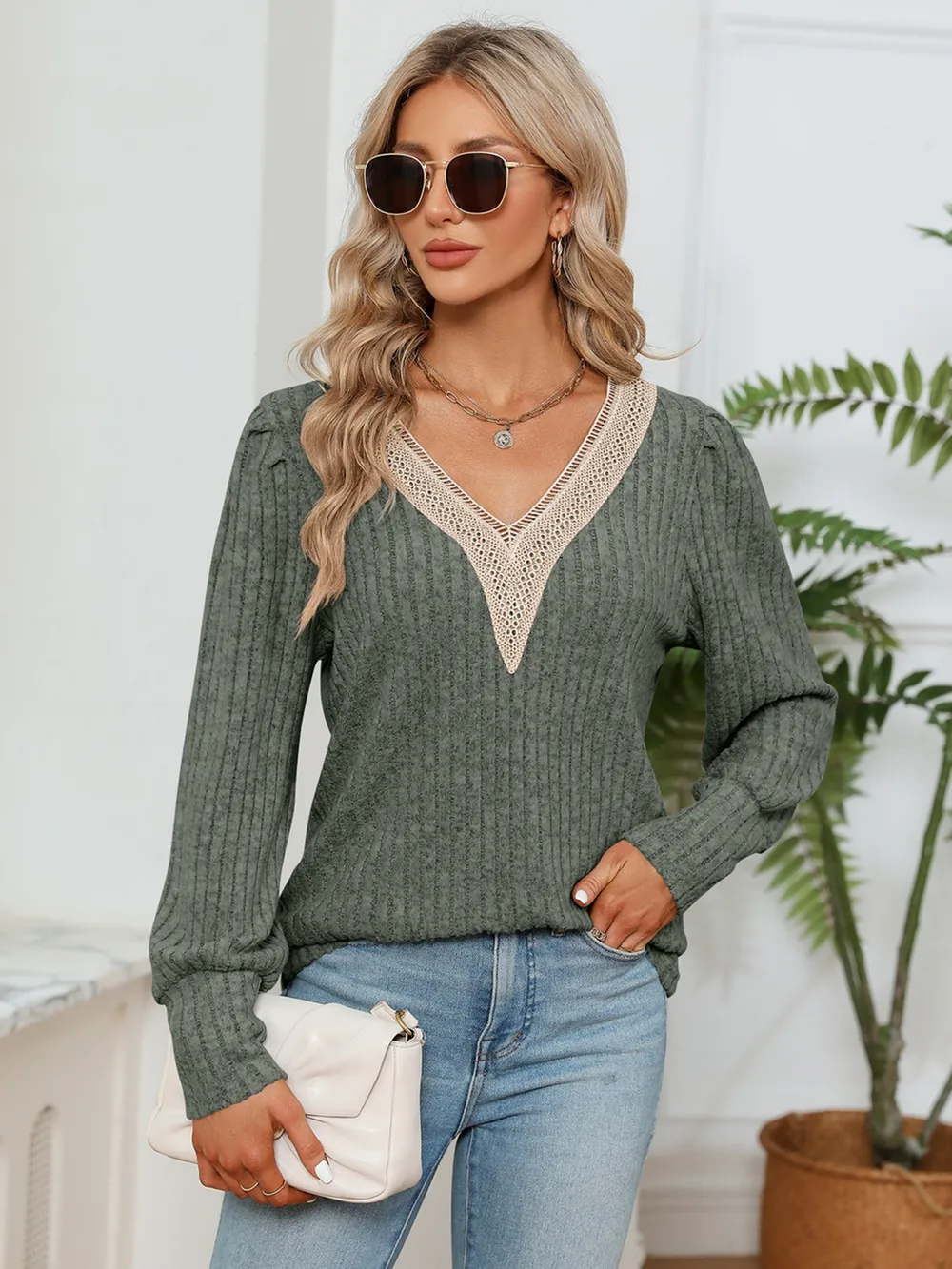 Lace Detail V-Neck Ribbed Blouse, image 16