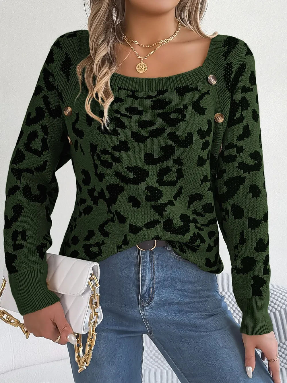 Leopard Buttoned Square Neck Sweater, image 6