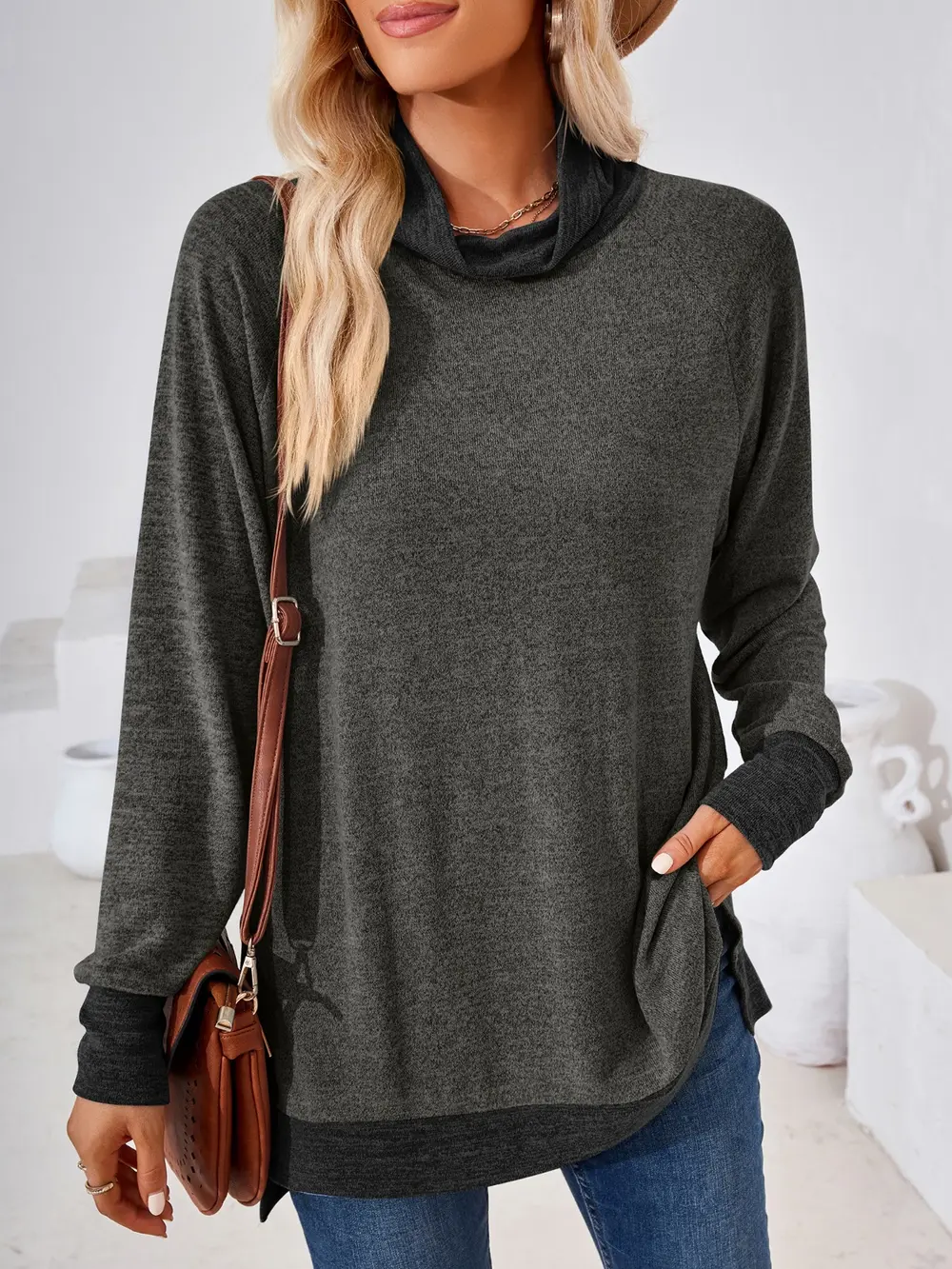 Contrast Mock Neck Long Sleeve T-Shirt, image 30