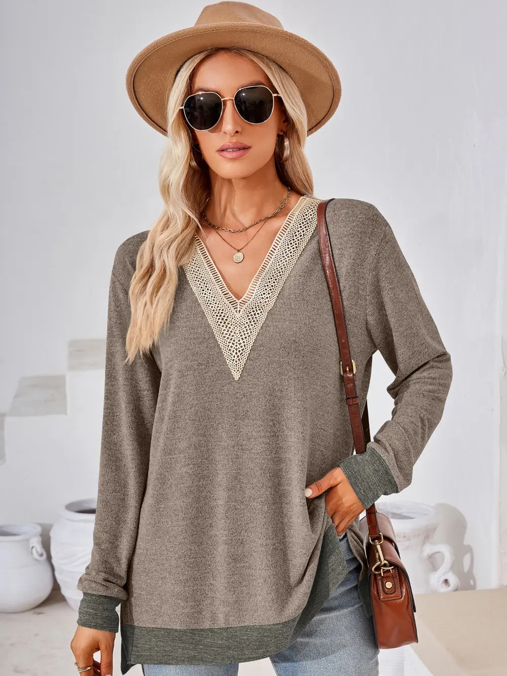 Crochet Contrast V-Neck Long Sleeve Slit T-Shirt, image 13