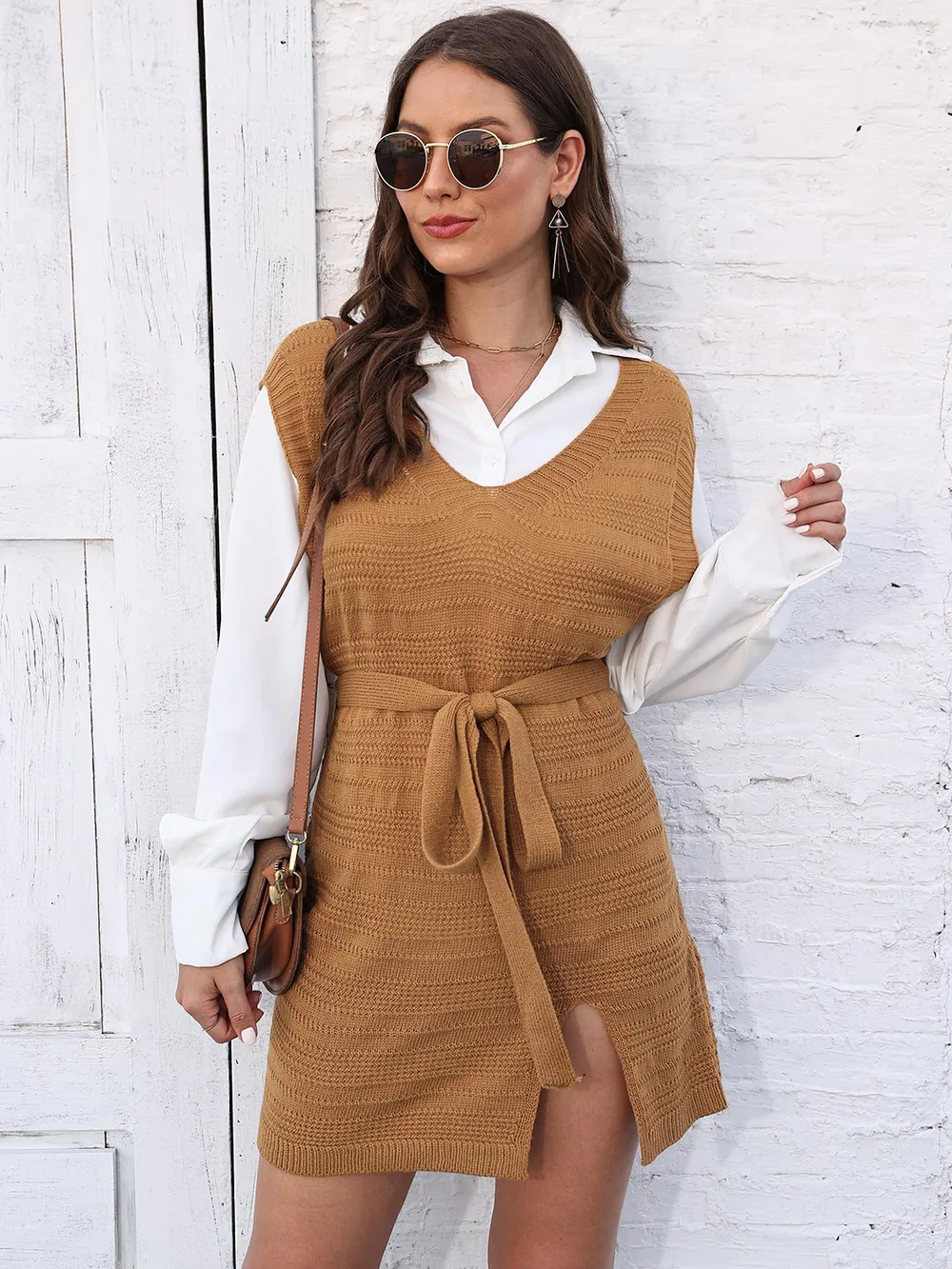 Tie Front V-Neck Sleeveless Slit Sweater Dress, image 4