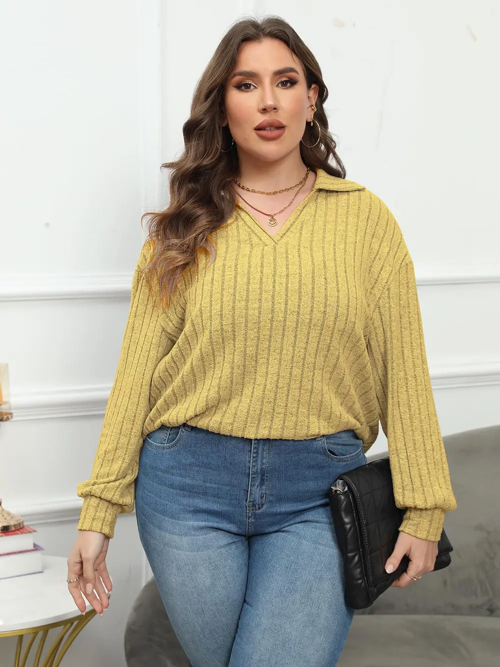 Plus Size Ribbed Collared Neck Long Sleeve Blouse, image 6