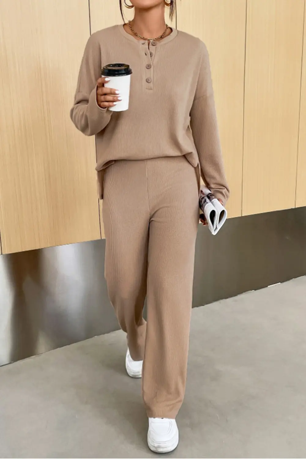 Ribbed Half Button Top and Pants Set, image 8