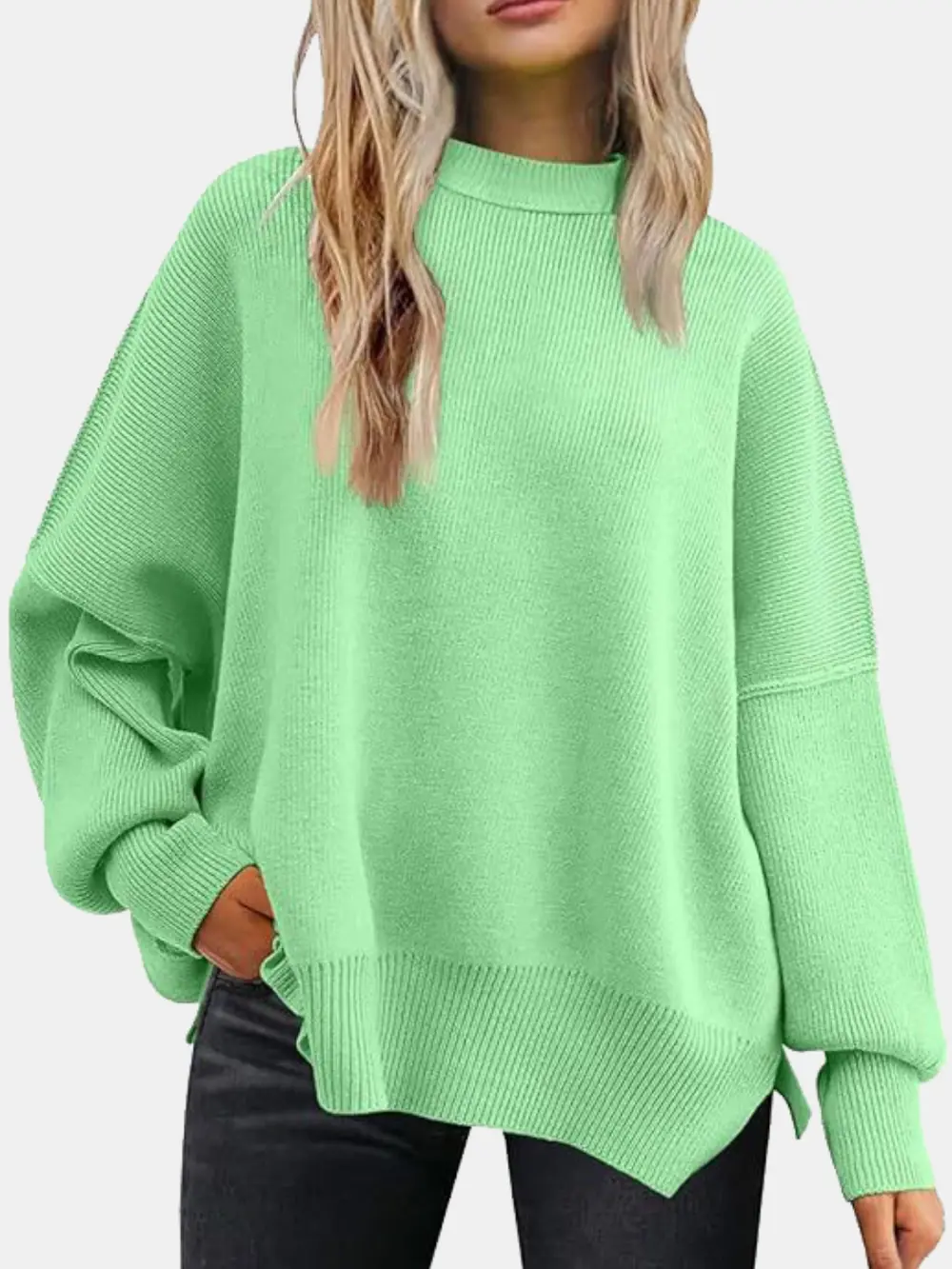 Round Neck Drop Shoulder Slit Sweater, image 14