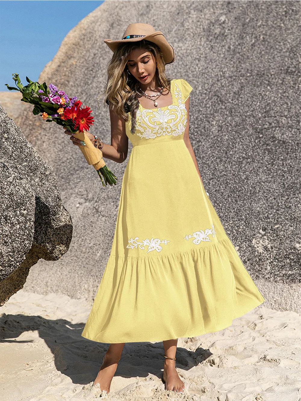 Embroidered Square Neck Ruffle Hem Dress, image 9