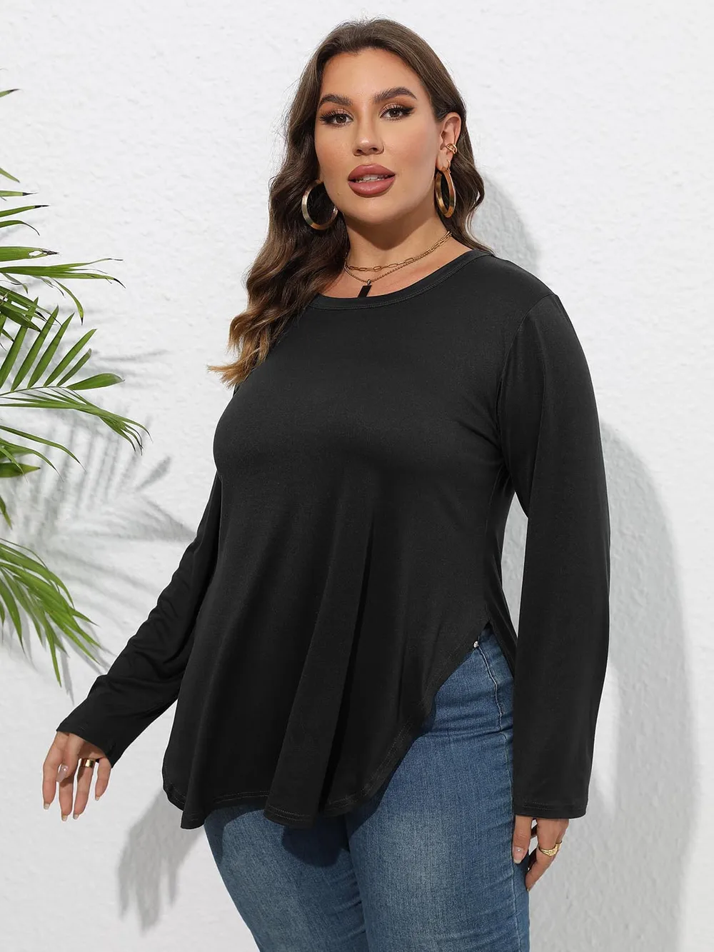 Plus Size Round Neck Long Sleeve Slit T-Shirt, image 7