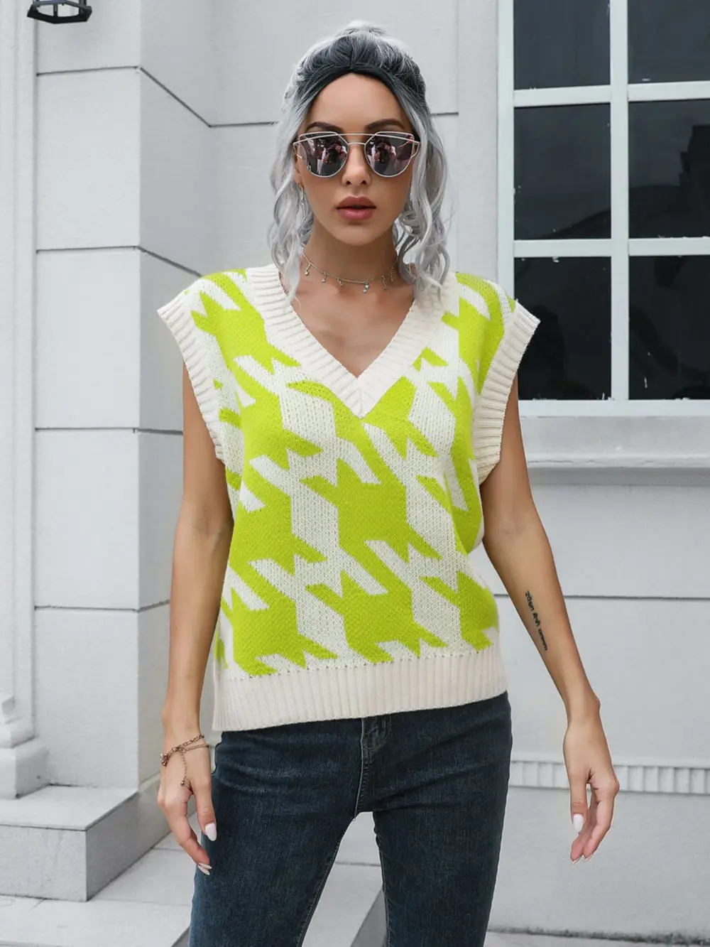 Houndstooth V-Neck Sweater Vest, image 8