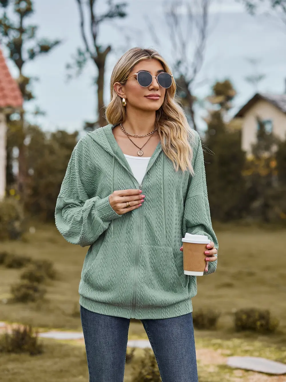 Zip Up Drawstring Long Sleeve Hooded Jacket, image 7