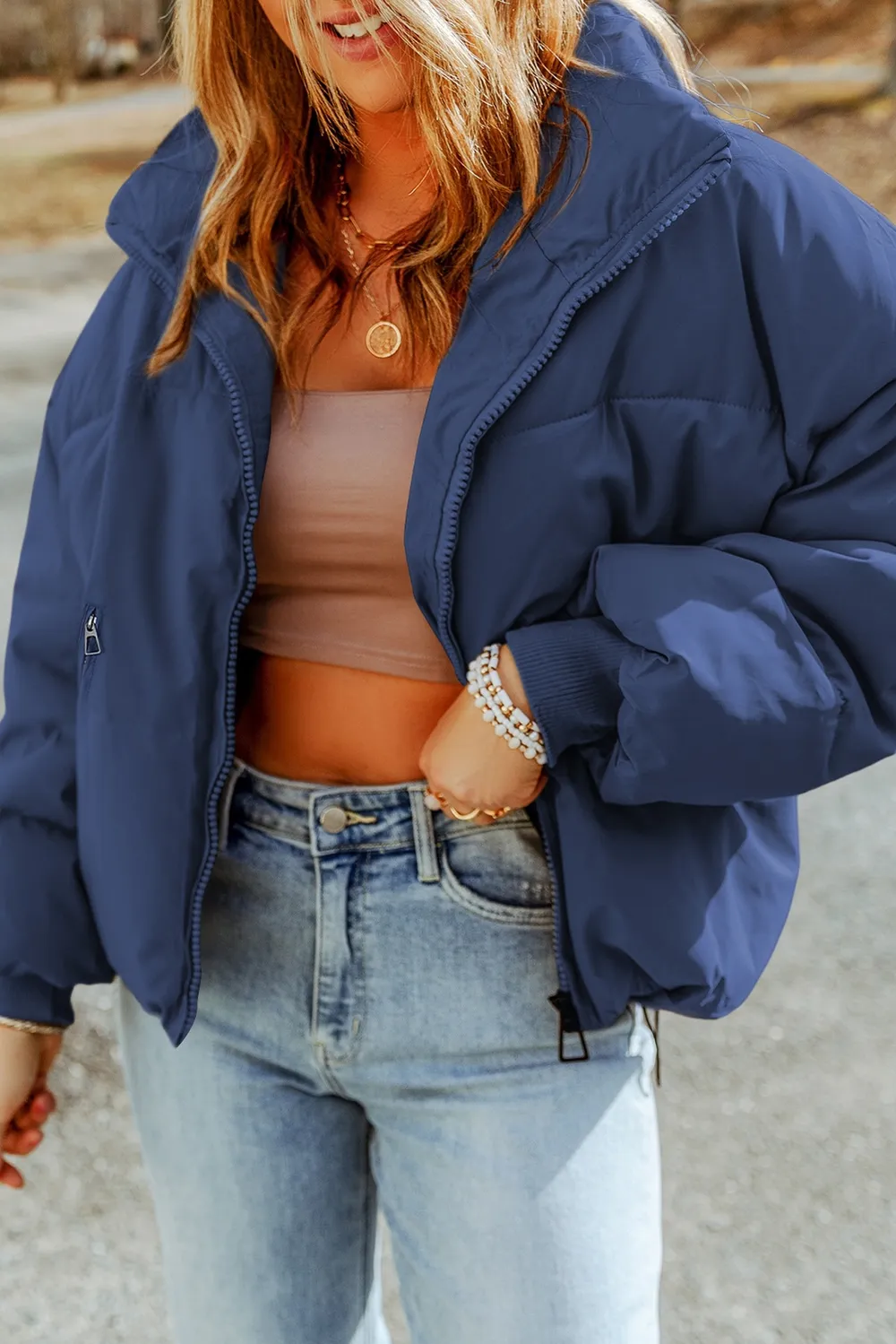 Zip Up Collared Neck Coat with Pockets, image 9