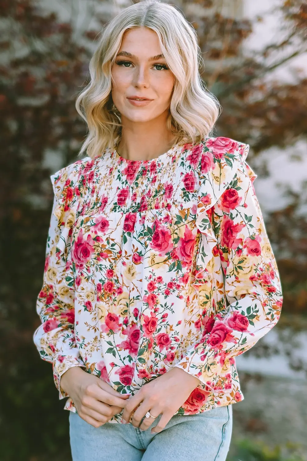 Floral Round Neck Smocked Blouse, image 5