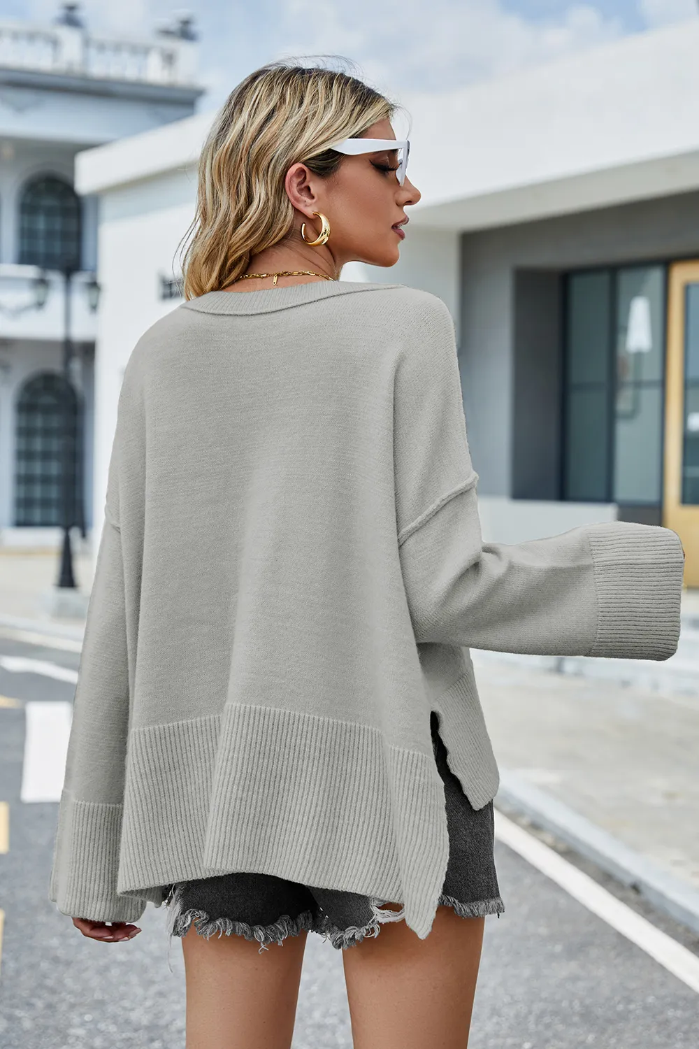 High-Low Slit Round Neck Long Sleeve Sweater, image 15