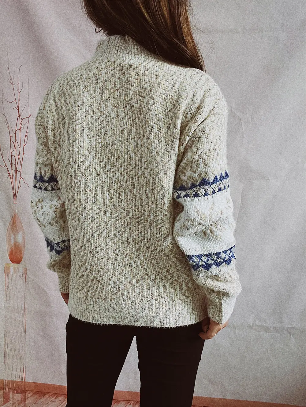 Geometric Mock Neck Dropped Shoulder Sweater, image 3