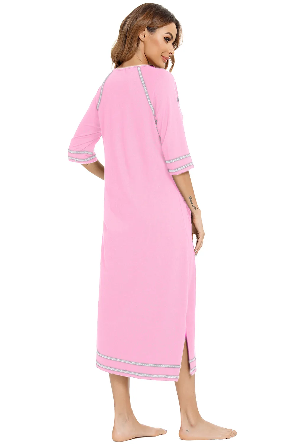 Zip Up Slit Round Neck Night Dress with Pockets, image 10