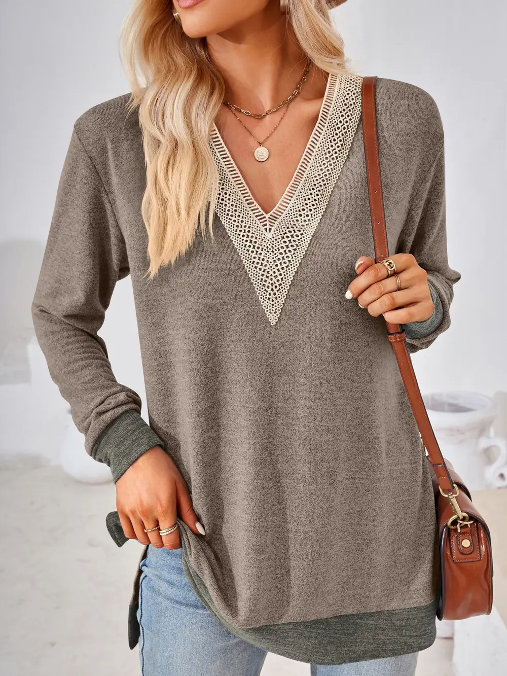 Crochet Contrast V-Neck Long Sleeve Slit T-Shirt, image 12