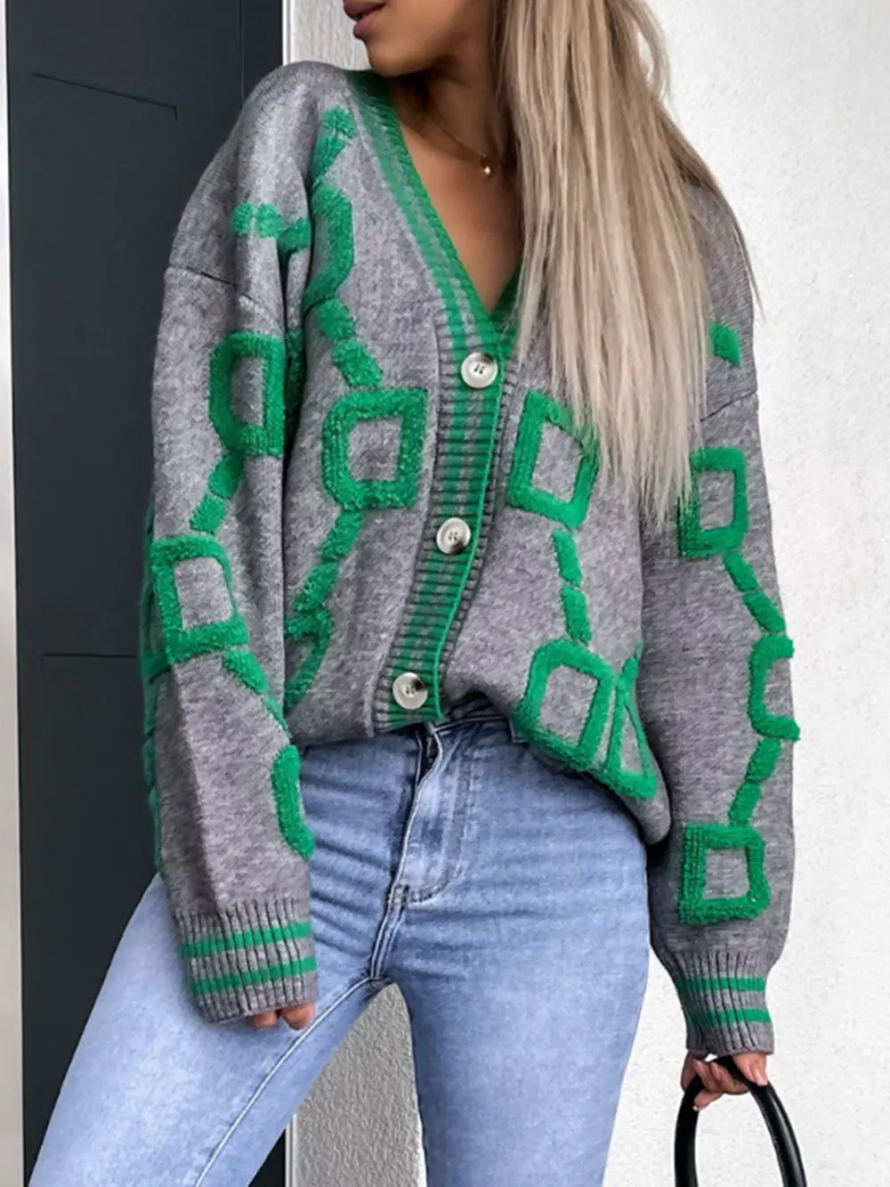Geometric Dropped Shoulder Button Down Cardigan, image 8