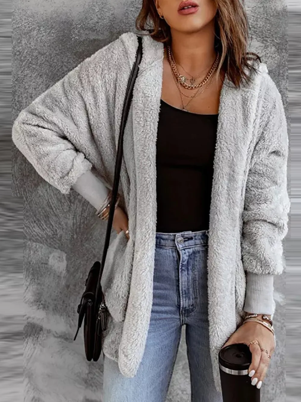 Open Front Hooded Faux Fur Outwear with Pockets, image 2