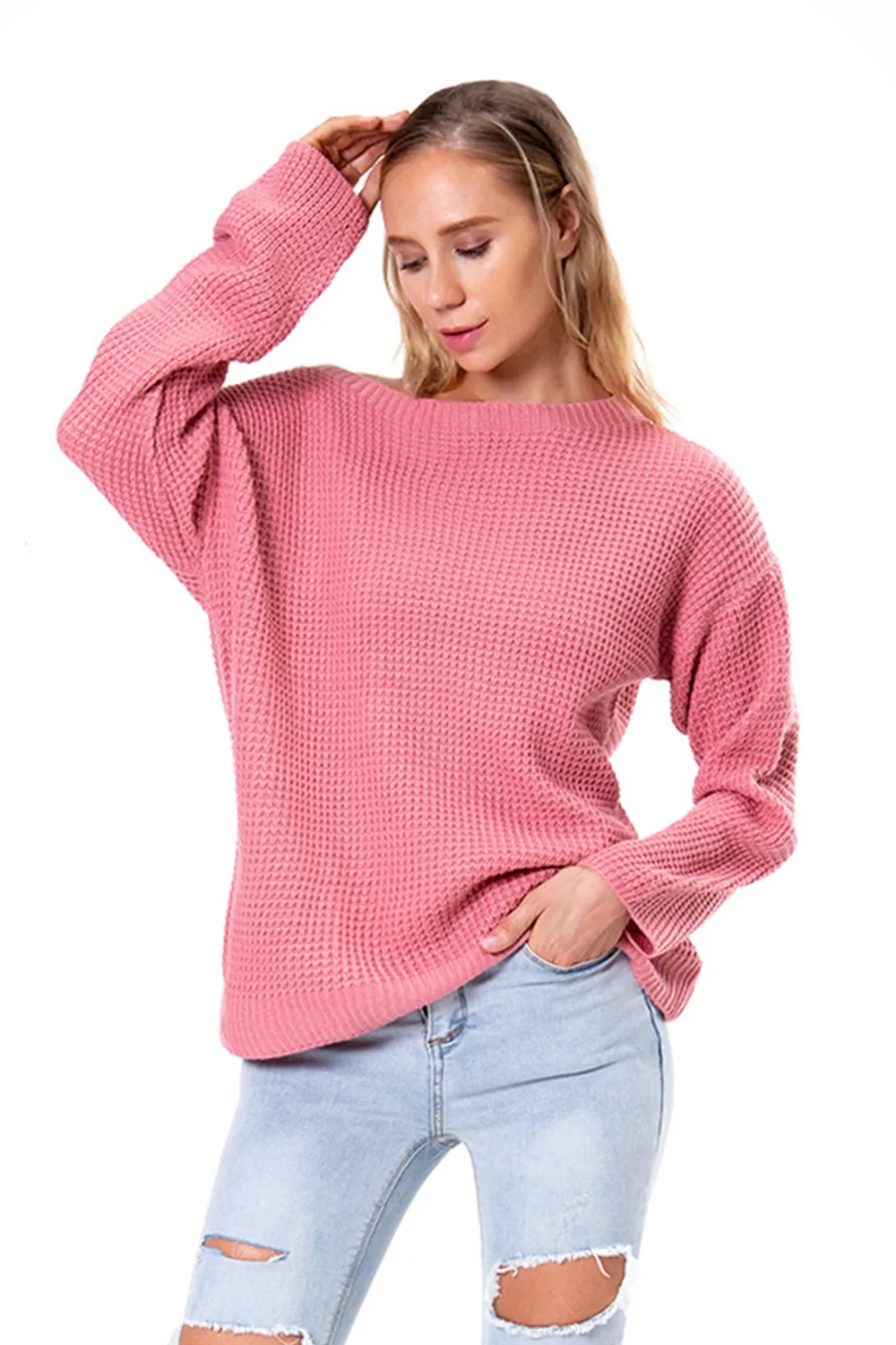 Boat Neck Drop Shoulder Long Sleeve Sweater, image 5
