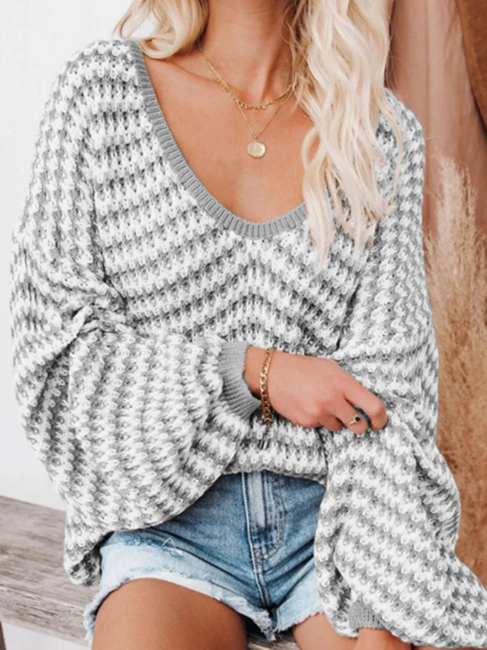 Striped Drop Shoulder V-Neck Sweater, image 2