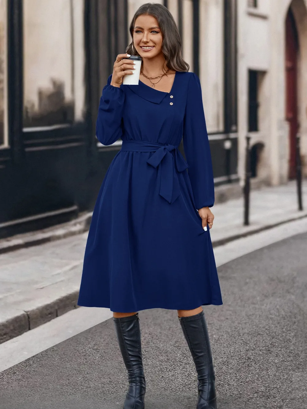 Buttoned Tie Front Long Sleeve Asymmetrical Neck Dress, image 6