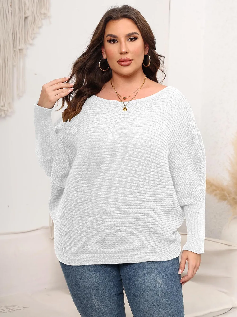 Full Size Boat Neck Batwing Sleeve Sweater, image 7