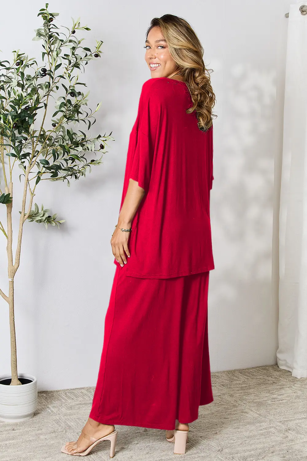 Full Size Round Neck Slit Top and Pants Set, image 14