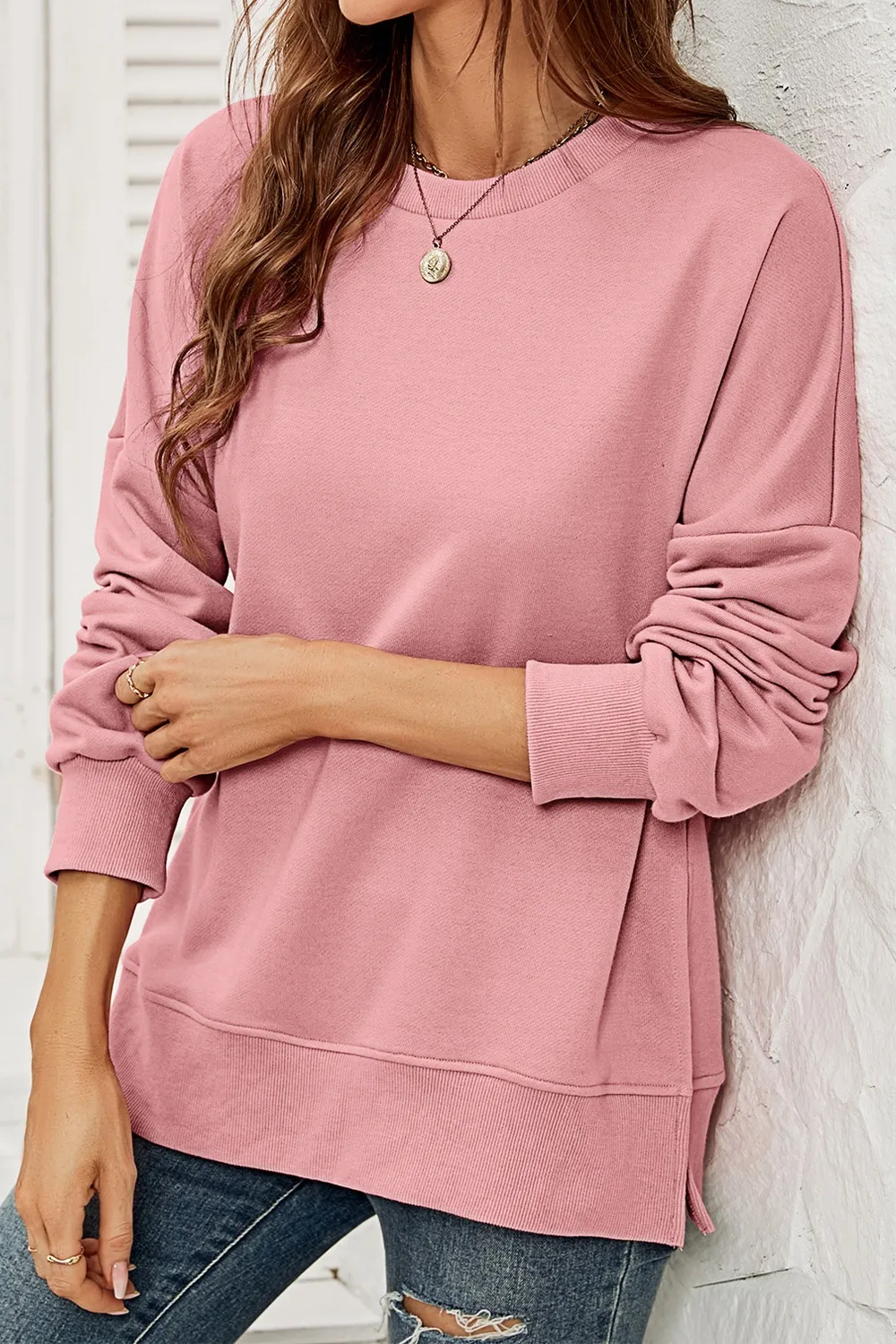 Round Neck Dropped Shoulder Slit Sweatshirt, image 11