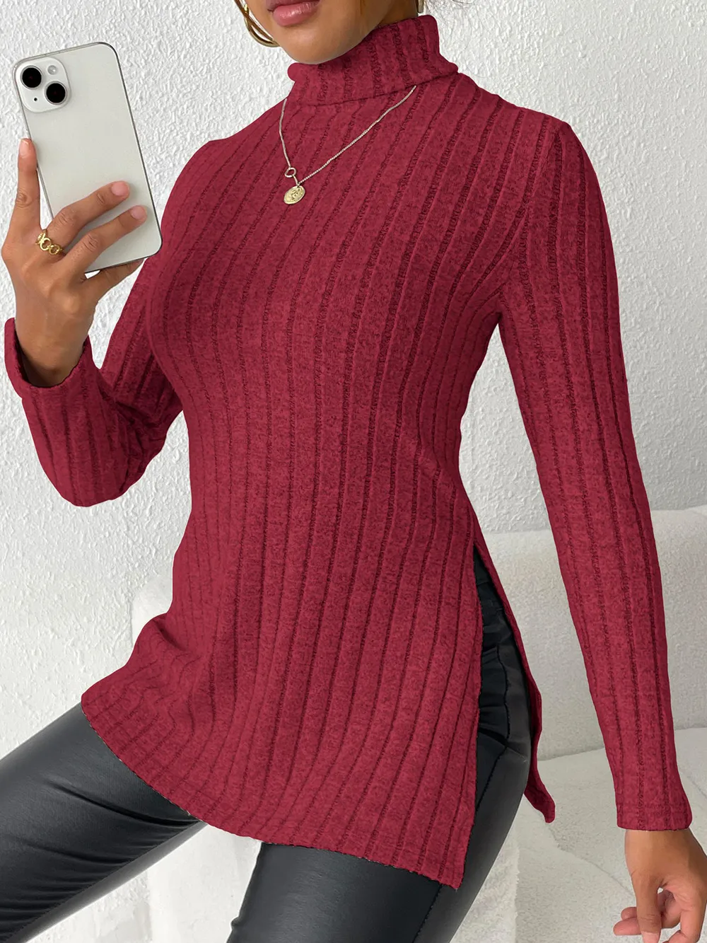 Ribbed Turtleneck Long Sleeve Slit T-Shirt, image 18