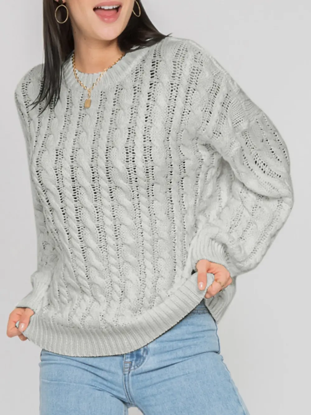 Openwork Round Sleeve Cable-Knit Sweater, image 2