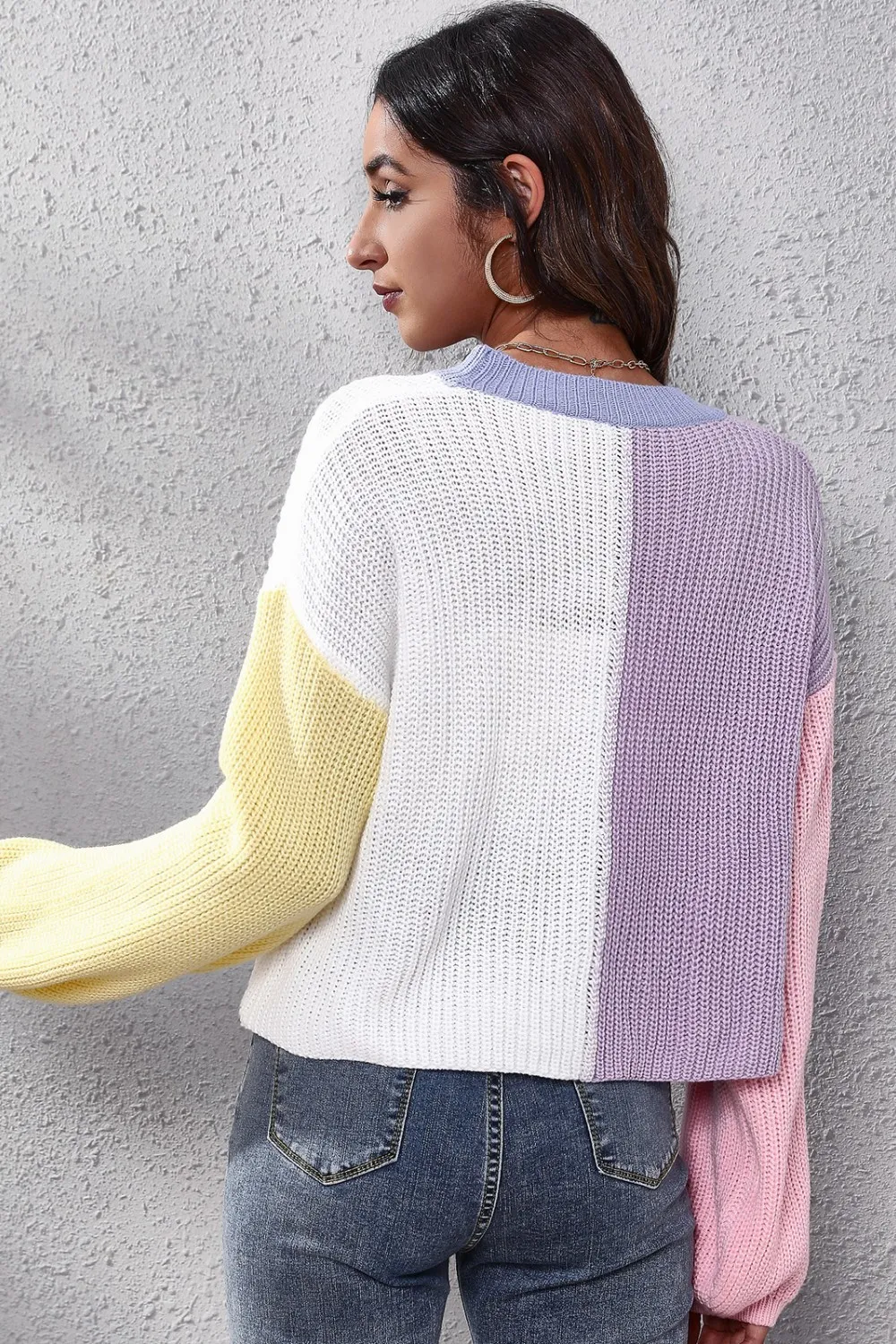 Color Block Button Up V-Neck Knit Top, image 2