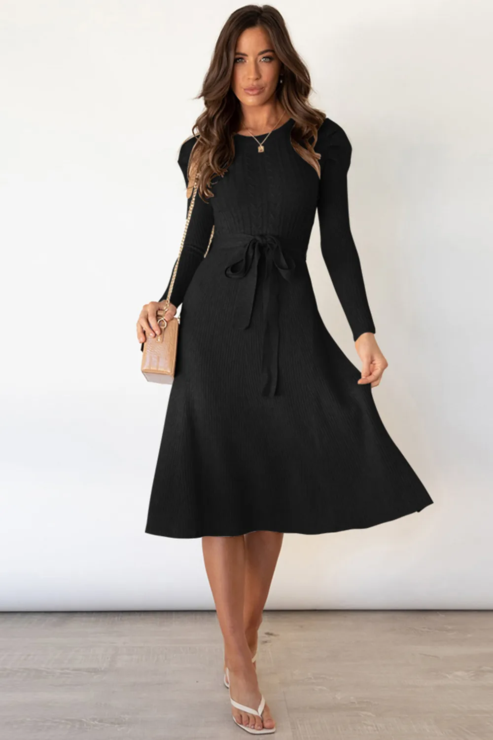 Round Neck Long Sleeve Tie Waist Sweater Dress, image 7