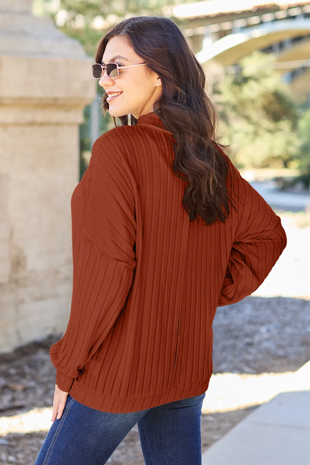 Full Size Ribbed Exposed Seam Mock Neck Knit Top, image 8