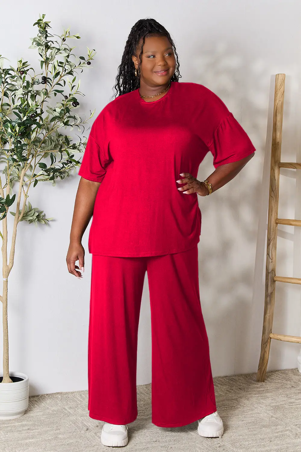 Full Size Round Neck Slit Top and Pants Set, image 15