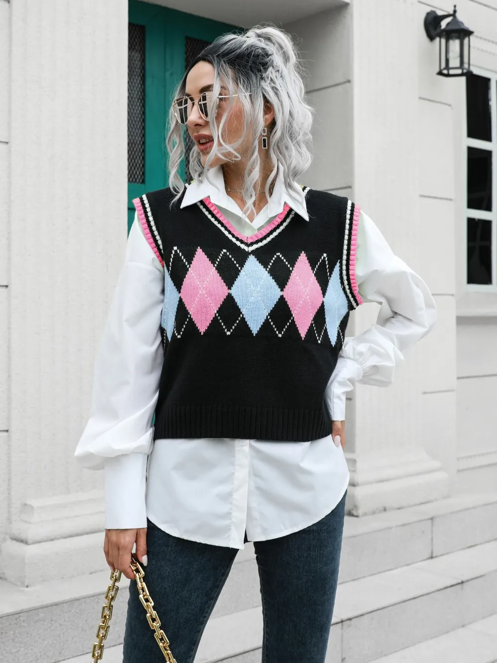Geometric V-Neck Sweater Vest, image 6