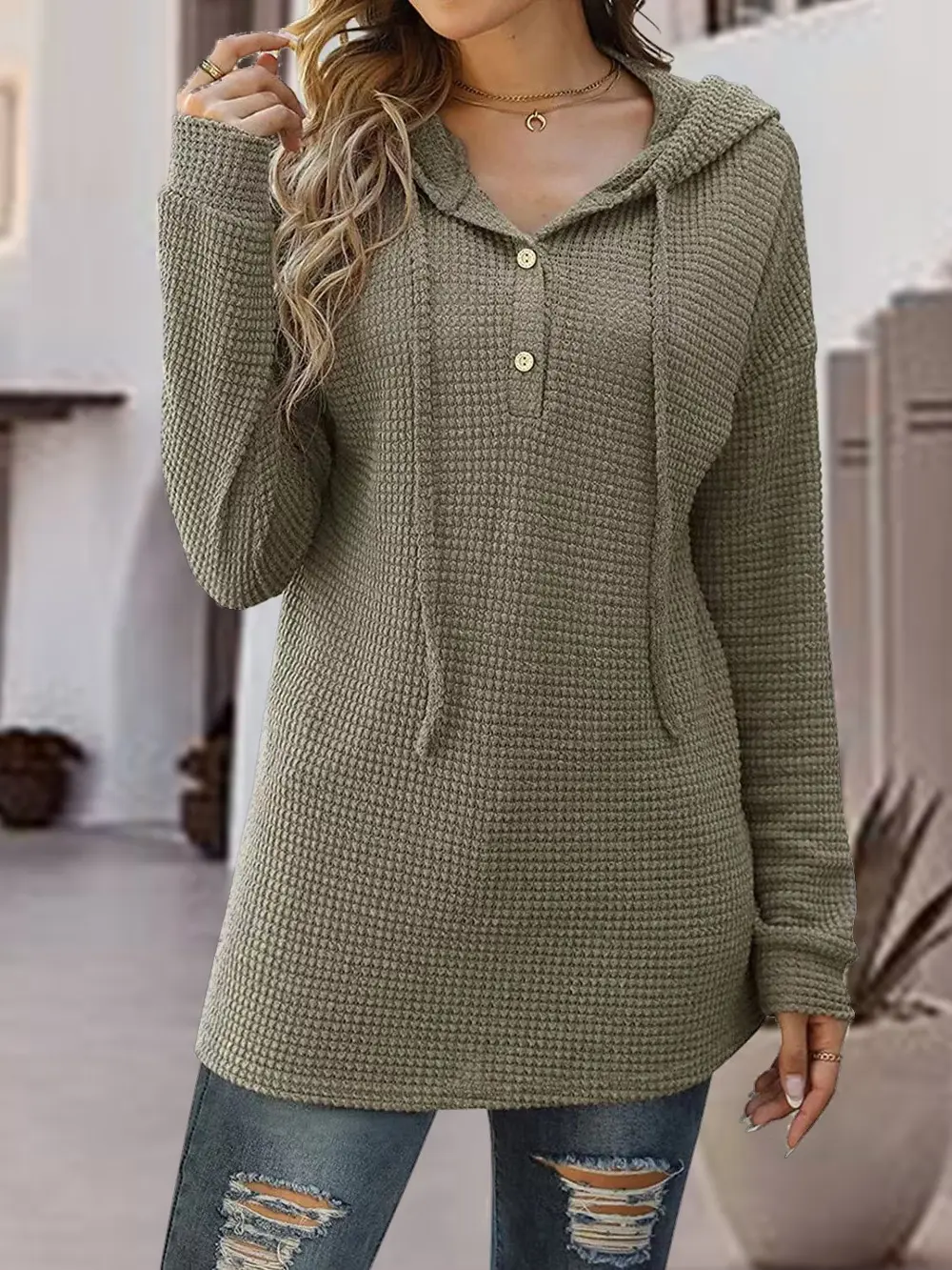 Half Button Up Drawstring Hoodie, image 9