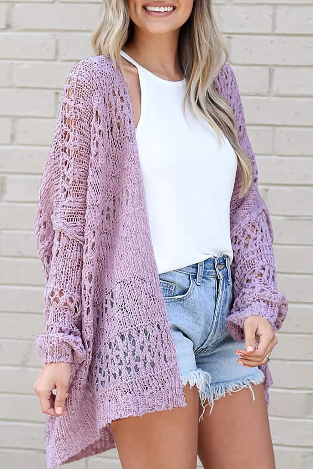 Openwork Open Front Long Sleeve Cardigan, image 9